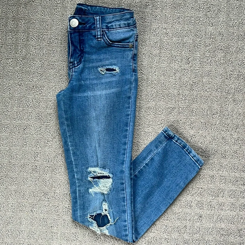 Justice Mid Rise Super Skinny Denim Jegging Blue Distressed Girls 8 Slim